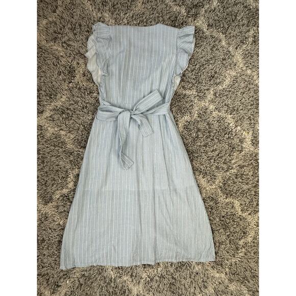 Storee Blue White Stripe Button Front Tie Waist Plunging Midi Flutter Dress S - Picture 4 of 11